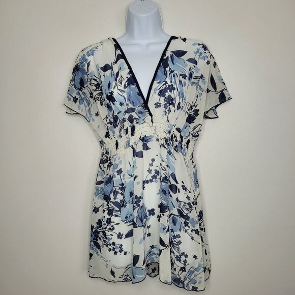 Studio Y Y2k cream blue floral semi-sheer boho elastic waist Flutter Sleeve top - Picture 1 of 5
